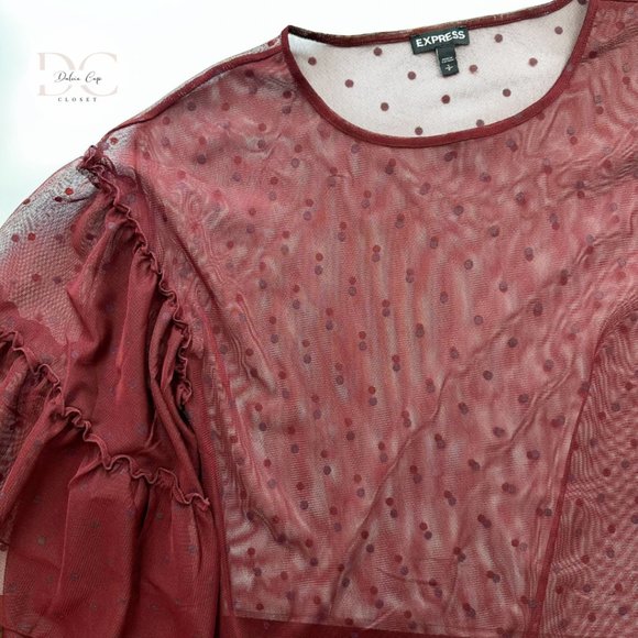 EXPRESS Polka Dot Mesh Top In Burgundy Size S - Picture 8 of 10